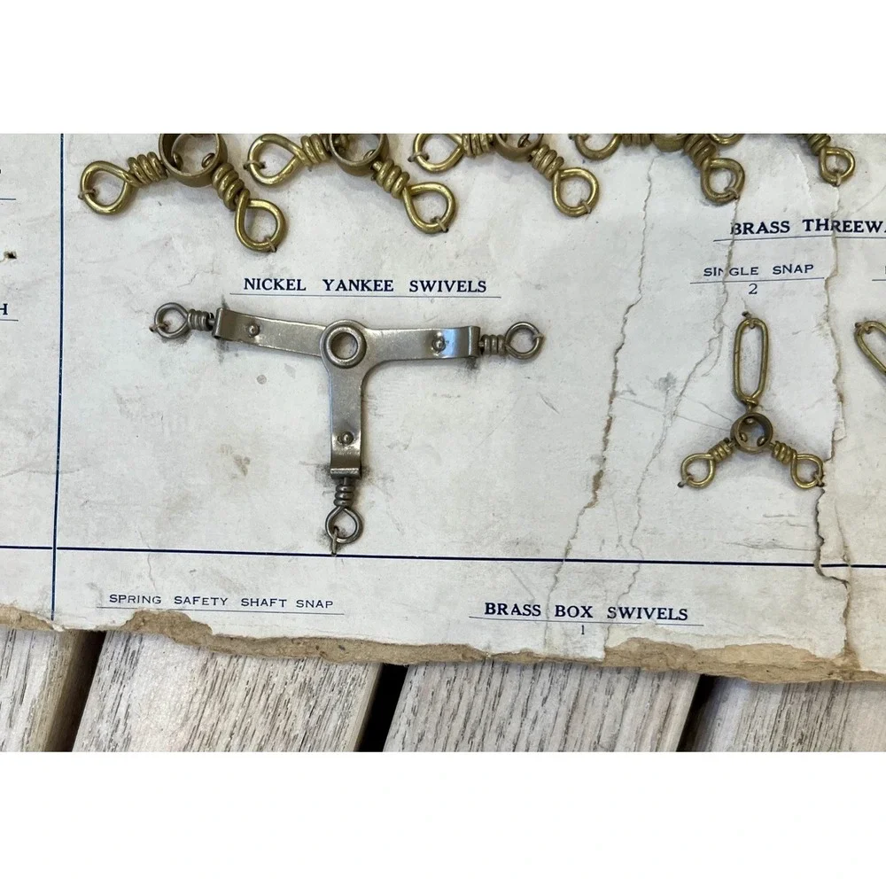 Vtg Fishing Tackle Store Rack Card Brass Threeway Nickel Yankee Swivels AS IS